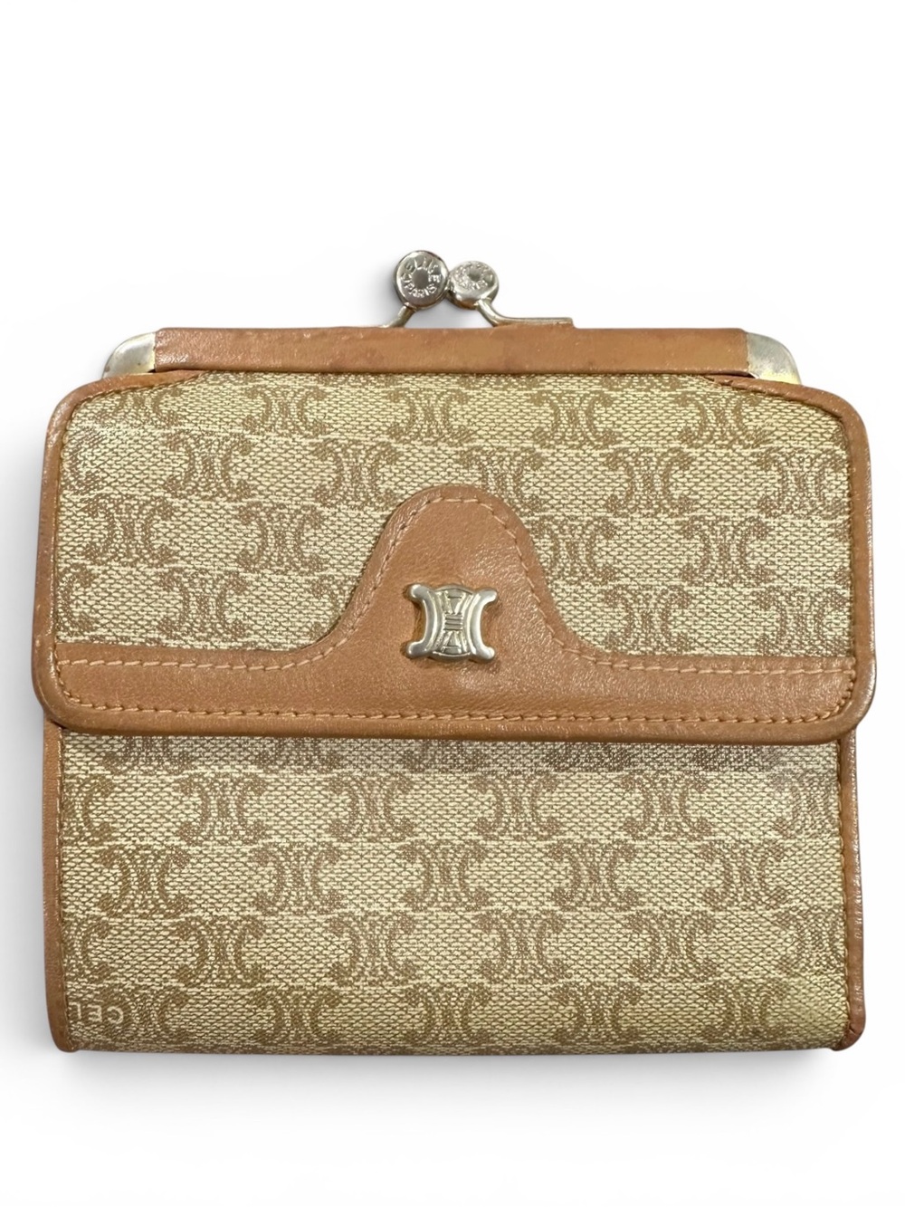Celine Beige Macadam Canvas & Vachetta Leather Kisslock Bifold Wallet